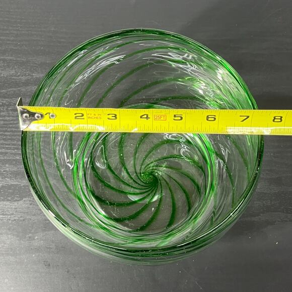 Emerald Green Clear Swirl Hand Blown Glass Serving Art Deco Bowl - Picture 6 of 6